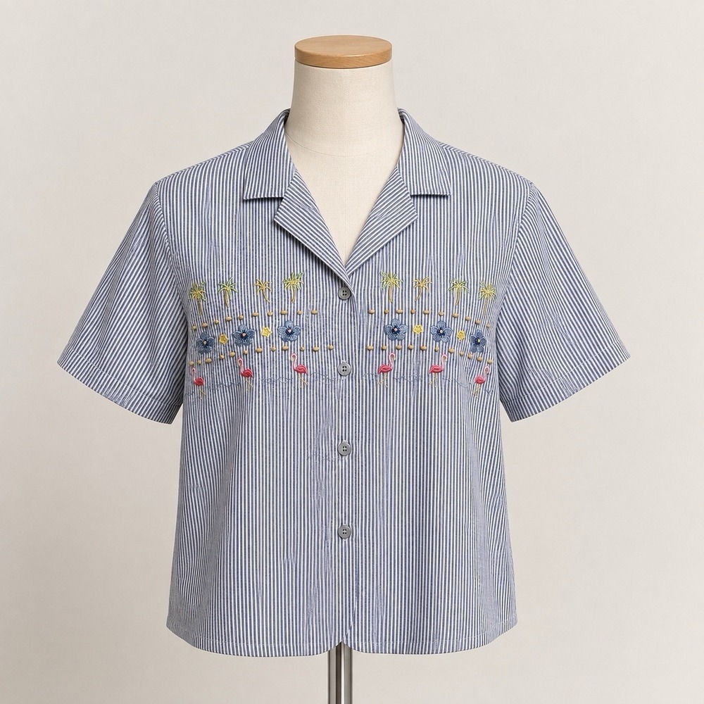 VTG Alfred Dunner Embroidered Tropical Seersucker Shirt Women 12P Blue Striped